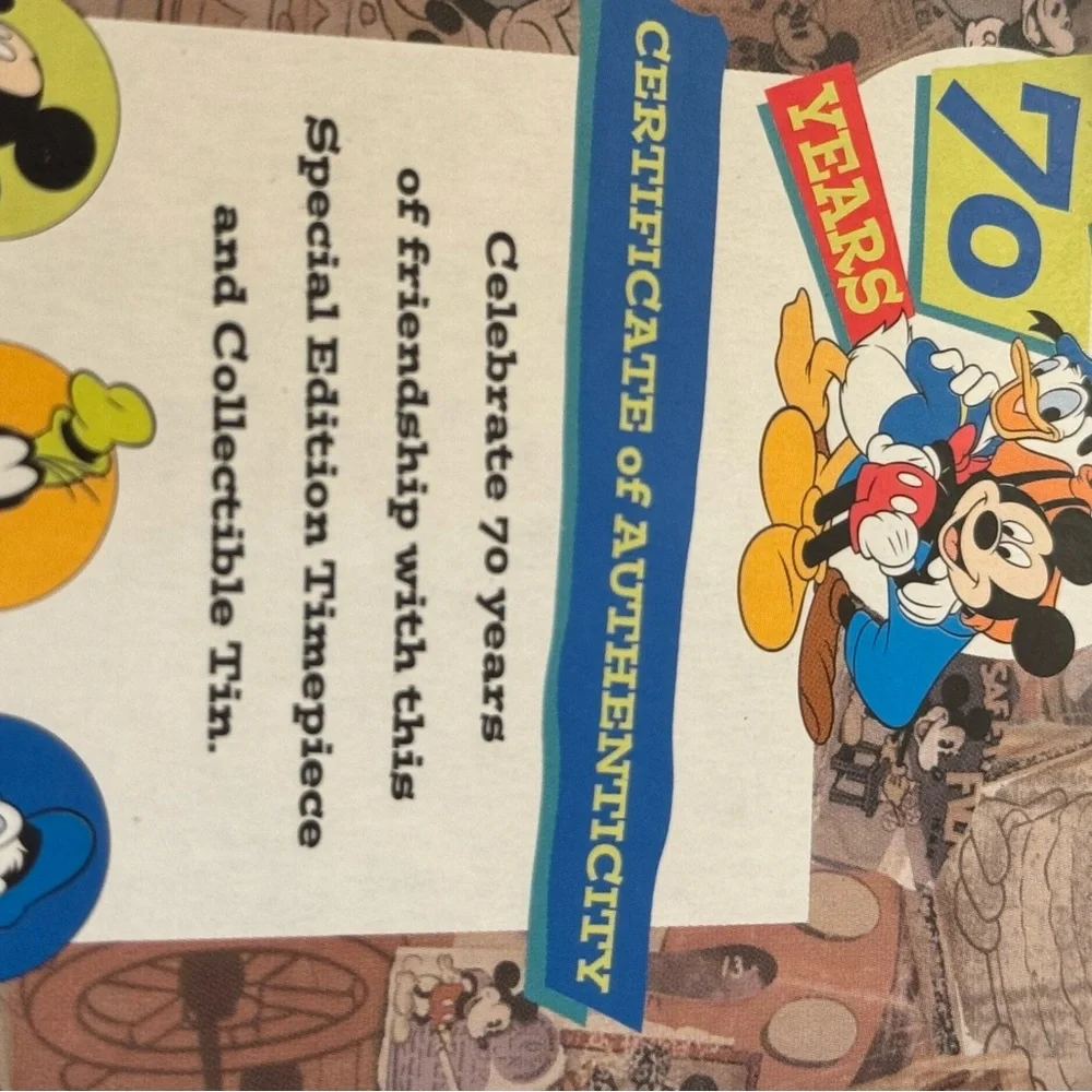 Disney Friends for 70 Years Watch and Tin timepiece gold tone on 7” chain 1998